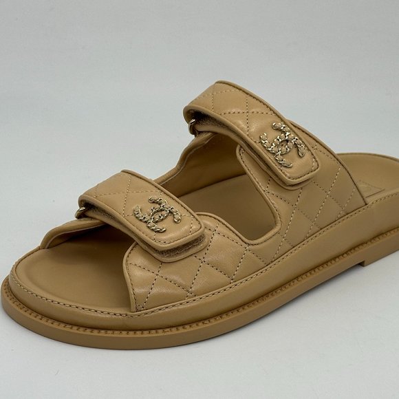 CHANEL 24P 2024 Quilted Leather CC Logo Flat Slide Dad Sandals Shoes Beige - Picture 4 of 16